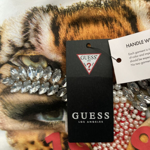 NEW GUESS WOMEN'S WHITE BEADED SHORT SLEEVE ROUND NECK PULLOVER T-SHIRT SIZE XL - Picture 12 of 13